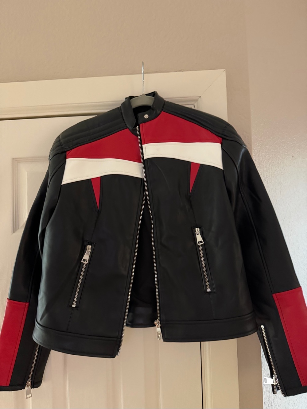 Lioness Black Leather Jacket with Red & White Panels